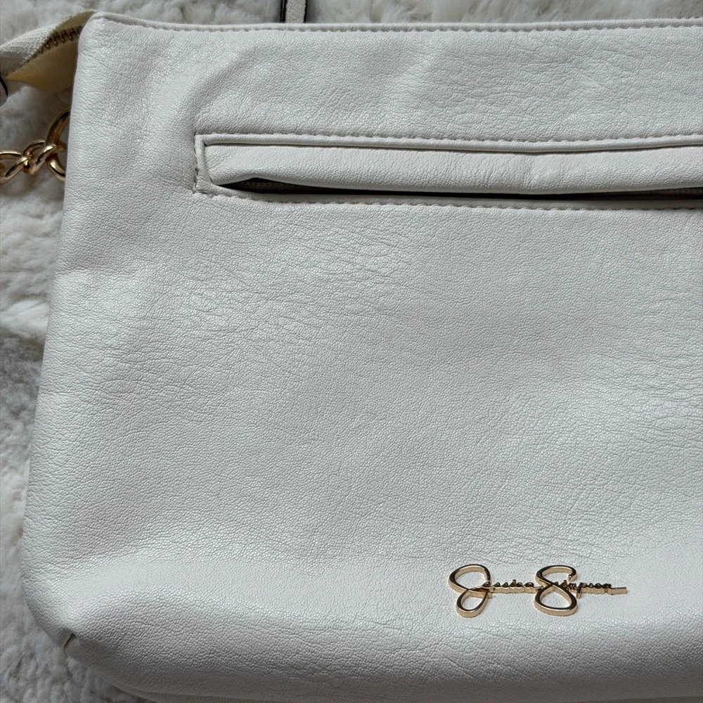 Jessica Simpson White Faux Leather Crossbody with Gold Chain Accents